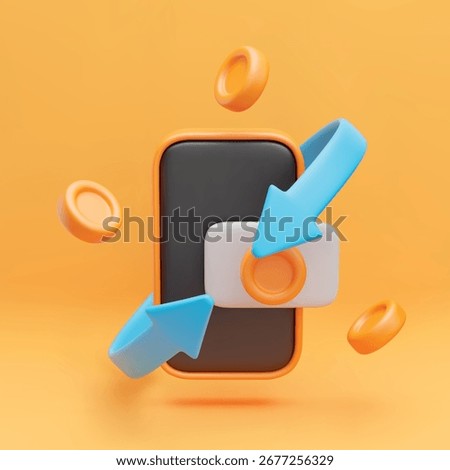 3d cashback arrow transaction concept. Realistic mobile phone with credit card, flying gold coins around and blue arrow. Cashback and money refund icon. Vector illustration on yellow background