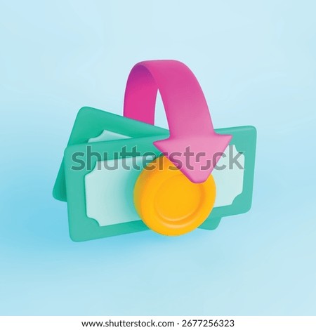 3d cashback banknote icon. Realistic stack banknotes with gold coin and pink arrows around. Money saving, transfer, exchange concept. Sign cash refund. Vector illustration on blue background.