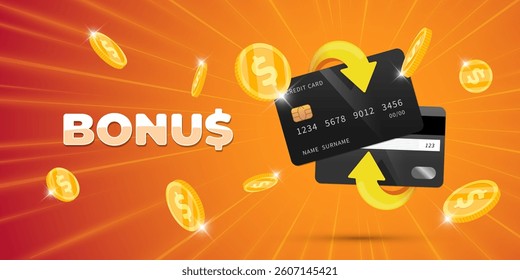 3D cashback bonus bank credit card with flying coins and arrow. Vector flyer for digital payments, loyalty programs, shopping rewards or promo sales. Perfect for finance, banking and online marketing.