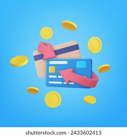 3d Cashback concept. Credit card around which money is hanging in the air. money-saving, cashless society concept. 3d rendering. Vector illustration