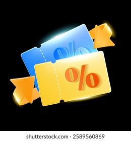 3d cashback coupon with percentage icon, cycle arrows, isolated on dark background. Cash back gift voucher banner template in 3d vector