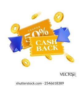 3d cashback cupom com percentagem fora, 2 maneiras ciclo seta, moedas de ouro voando, preço por cento fora, isolado no fundo branco. Vale presente cashback com moedas em vetor 3d.