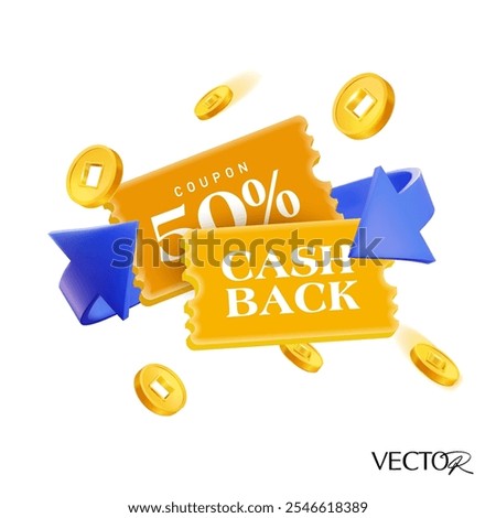 3d cashback coupon with percentage off, 2 ways cycle arrow, flying golden coins, percent price off, isolated on white background. Cashback gift voucher with coins in 3d vector.
