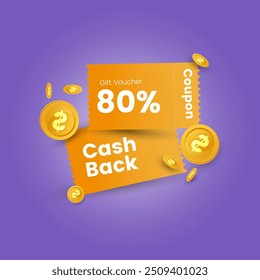 3d cashback coupon. Cashback promotion. 3D voucher is white, blue, yellow and purple. Vector realistic coupon design for big sale, special offer, and discount voucher. Vector illustration.