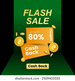 3d cashback coupon. Cashback promotion. 3D voucher is white, blue, yellow and purple. Vector realistic coupon design for big sale, special offer, and discount voucher. Vector illustration.