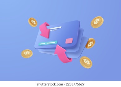 Tarjeta de crédito 3D de devolución de efectivo y reembolso de dinero. banco de negocios con cartera en línea, pago de dinero y ahorro de efectivo para comprar en línea. Ilustración vectorial de icono de tarjeta de crédito financiera 3d