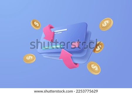 3D cashback credit card and money refund. business bank financial wallet online, 3d money payment icon and cash saving for shopping online. 3d financial credit card icon vector rendering illustration
