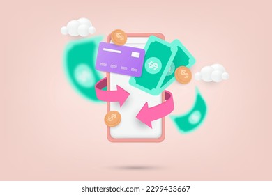 3d cashback and money refund concept. Mobile app with banknotes, coins and credit card icon. 3d vector illustration.