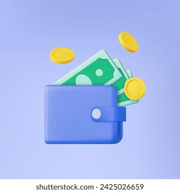 3d Cashback and money refund icon concept. Money wallet with green paper dollars and gold coins. Business financial investment. Vector illustration