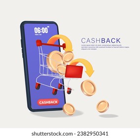 3D Cashback via mobile phone with arrow, faling coins, and trolley. Vector illustration