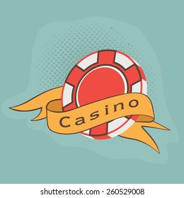 3D Casino chip covered by yellow ribbon on blue background.