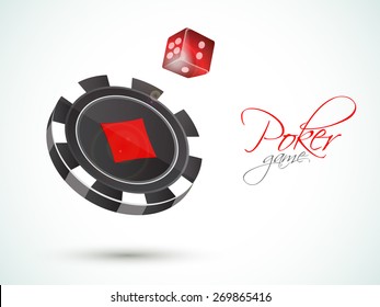 3D Casino chip with red dice for Poker Game on shiny background.