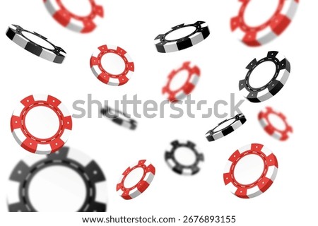 3d casino chips or flying realistic tokens for gambling, entertainment house volumetric blank or empty cash for roulette or poker, blackjack. Gamble and winner, risk and luck, vector illustration.