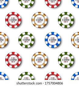 3D Casino Chips on the green background. Seamless background.