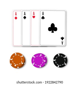 Chiapas de casino 3D y cartas de juego aisladas en fondo blanco. Vista superior, ilustración vectorial.