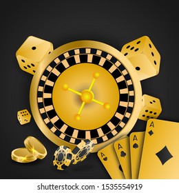 3D Casino element such as playing card with poker chips, dice and roulette wheel illustration on black background.