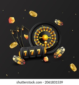 3D Casino Elements As Slot Machine, Roulette Wheel, Poker Chips, Ace Cards And Golden Coins On Black Background.