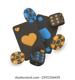 3d Casino game concept. Vegas tournament banner, playing ace card, flying gambling chips, dice. Vector illustration.