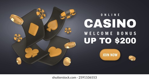 3d Casino game concept. Vegas tournament banner, playing ace card, flying gambling chips, golden coin. Vector illustration.