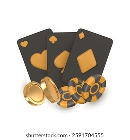 3d Casino game concept. Vegas tournament banner, playing ace card, flying gambling chips, golden coin. Vector illustration.