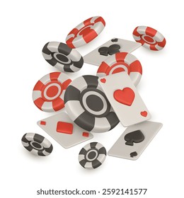 3d Casino game concept. Vegas tournament banner, playing ace card, flying gambling chips. Vector illustration.