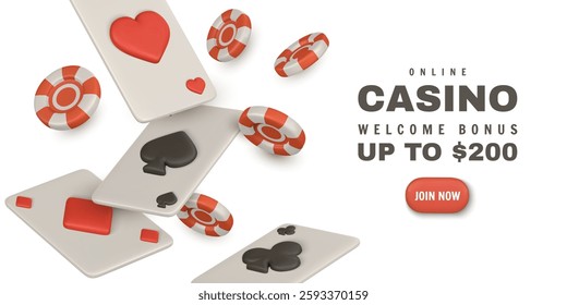 3d Casino game concept. Vegas tournament banner, playing ace card, flying gambling chips. Vector illustration.