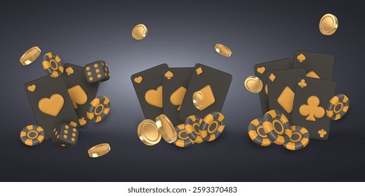 3d Casino game concept. Vegas tournament banner, playing ace card, flying gambling chips, golden coin. Vector illustration.