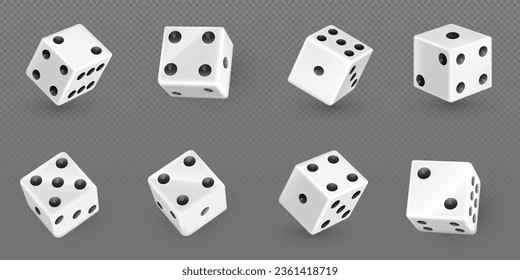 3d casino game play cube roll isolated vector icon. White realistic gambling poker lucky square rolling with six, five and two dot number set. Random gamble gaming entertainment toy pieces with risk