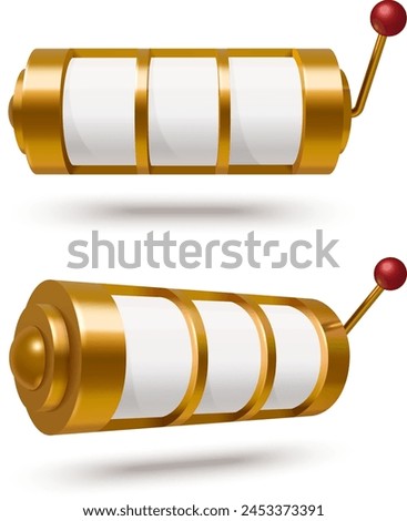 3d casino jackpot slot lever for lucky game icon. Gold machine wheel with red handle. Gamble roulette object illustration isolated on white background. Win money or gift online with fortune reel