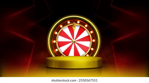 3d casino neon pódio com roleta de jogo de pôquer. Plataforma vencedora de ouro para bônus ou promoção. Modelo de boas-vindas do site de jogos com luz vermelha. Gráfico de roda de Vegas com cena de design de palco dourado