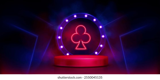 3d casino podium with neon light. Club poker card glow on gambling design. Futuristic led template in blue and red for web playing platform. Night electric symbol with bulb and laser illustration