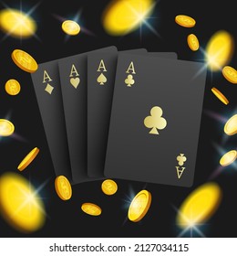 3D casino poker cards and playing chips on black background, vector illustration