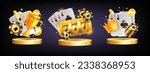 3D casino poker icon concept, vector roulette online gambling winner chip, golden podium card design. Realistic coin, 3-reel slots blackjack Vegas promotion victory cup template. Casino welcome bonus