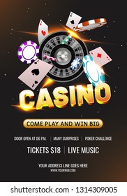 3D Casino text with roulette wheel, casino chips and playing card on black background for Casino Night template design.