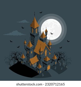 3d Castle fantasy landscape. Halloween mountain scenery. Ancient palace. Medieval tower in forest. Gothic fortress. Dark sky. Dracula chateau. Night panorama. Vector cartoon background
