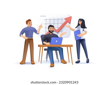 3D Casual teamwork. Diverse team of people working together with computers. 3D design vector illustration with white background