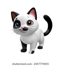 3D Cat. Black and white three-dimensional cat with heterochromia and spots. Figure of a black and white cat on a transparent background, fully vector, made with gradients.