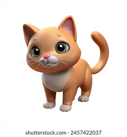 3d cat. Cartoon cute 3D kitten is completely vector. Isolated figure of a domestic ginger kitten with white spots on a transparent background.