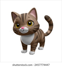 Gato 3D. Dibujo animado tridimensional gato atigrado sobre fondo transparente. Figura aislada de juguete canela gato tabby