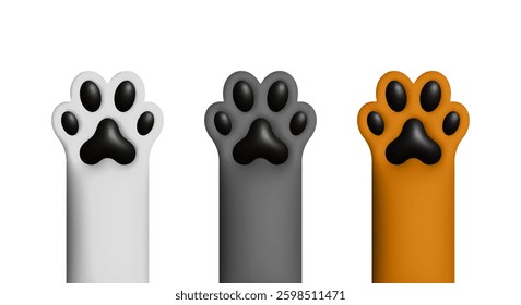 3D cat paws, white, gray, and orange, black pads, isolated on white background.