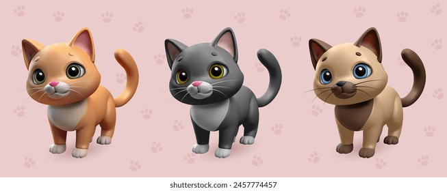 Gato 3D. Un conjunto de tres maravillosos gatos tridimensionales de diferentes colores. Figuras del gato del juguete Vector completo