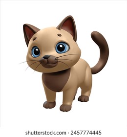 3D Cat. Siamese cartoon three-dimensional cute cat. Full vector house cat shape created with gradients. Isolated, on a transparent background.