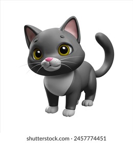 3D Cat. Three-dimensional cute grey house kitten with white spots. Isolated, full vector shape on transparent background.