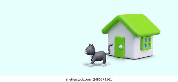 3D cat walks outside near house with green roof. Vector concept of pets