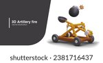3d catapult for online computer game. Stone throwing game. Protect your town with weapon. Concept of artillery fire. Vector illustration with place for text