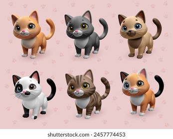 3D Cats Set. 6 beautiful three-dimensional cute cats of different breeds and colors are looking for their owners: ) Vector Pet Shapes