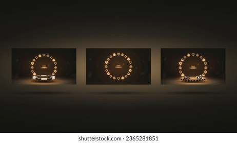 3d catwalks with a neon frame of the suits of cards booby spades hearts and crosses in gold on a black background. A concept for casino and poker.