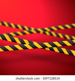 3d Caution lines isolated. Realistic warning tapes with blurred effect. Danger signs. Vector illustration isolated on red background.