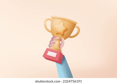 3d celebrate winners award with golden cup, prize winners stars in holding hand. Award ceremony 3d concept on pedestal with cartoon style. 3d trophy icon vector render illustration on pink background