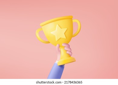 3d celebrate winners with golden cup, prize winners stars in holding hand. 3d award ceremony concept with hand hold winner cartoon style. 3d trophy success icon vector render illustration - Shutterstock ID 2178436365